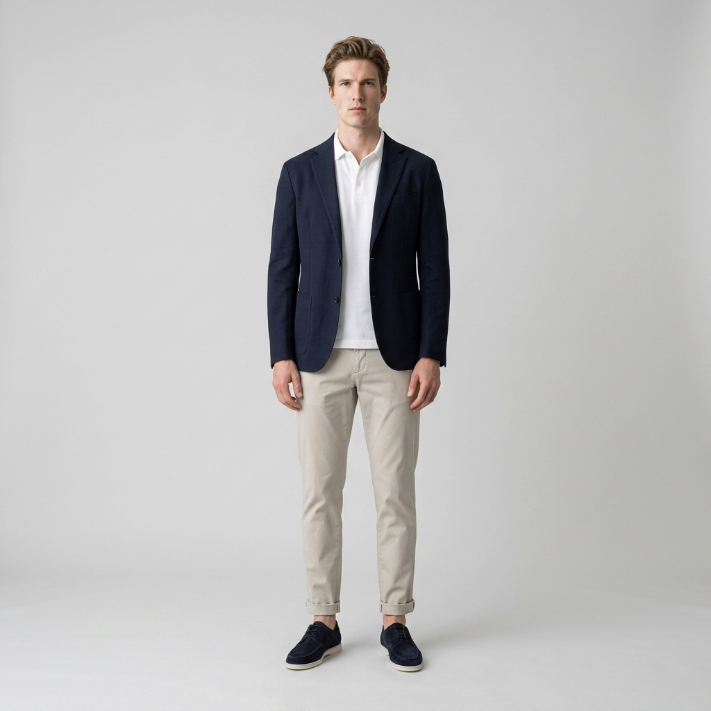 Model wearing Men's Boat Shoes in dark blue with chinos and a navy blazer