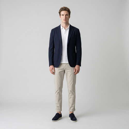 Model wearing Men's Boat Shoes in dark blue with chinos and a navy blazer