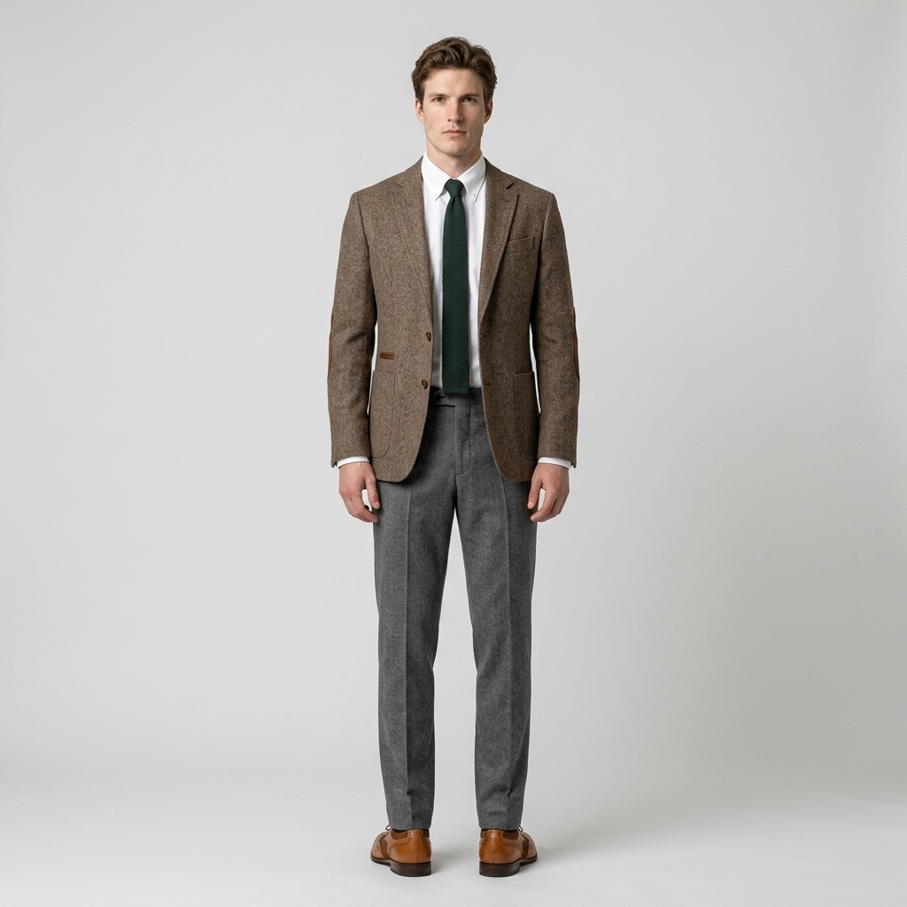 Model wearing Men's Two Tone Brogues in brown with grey trousers and a tweed look blazer
