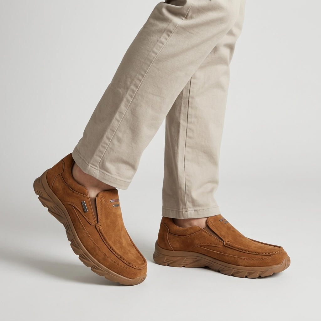 Men's Slip On Moc Toe Loafers in brown with a chunky sole, close view on the model