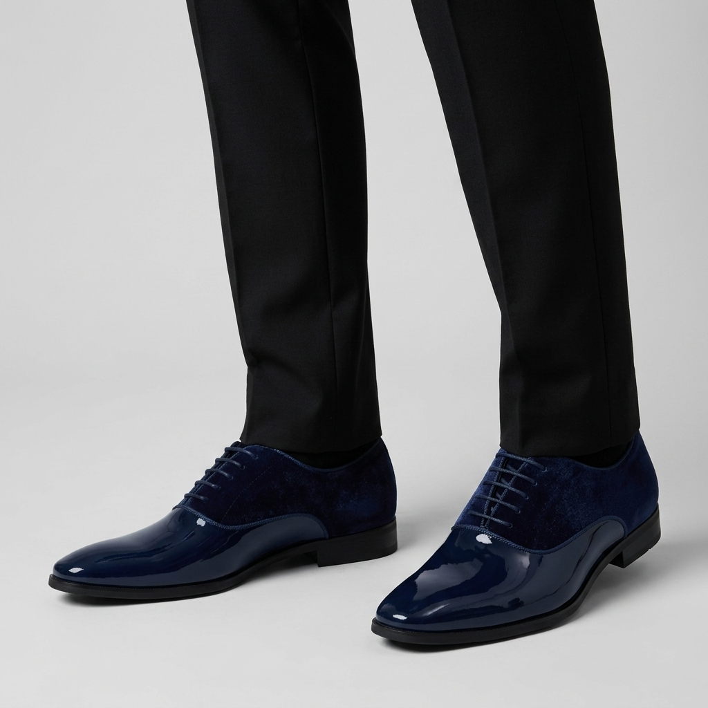 Men's Patent Oxford Shoes in blue with a velvet look panel, close view on the model