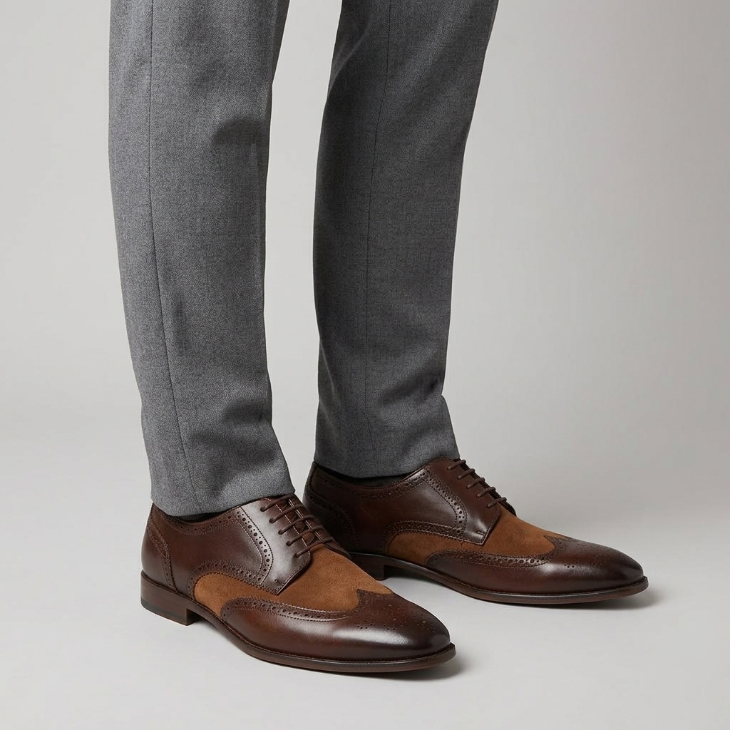 Men's Two Tone Wingtip Brogues in brown, close view on the model