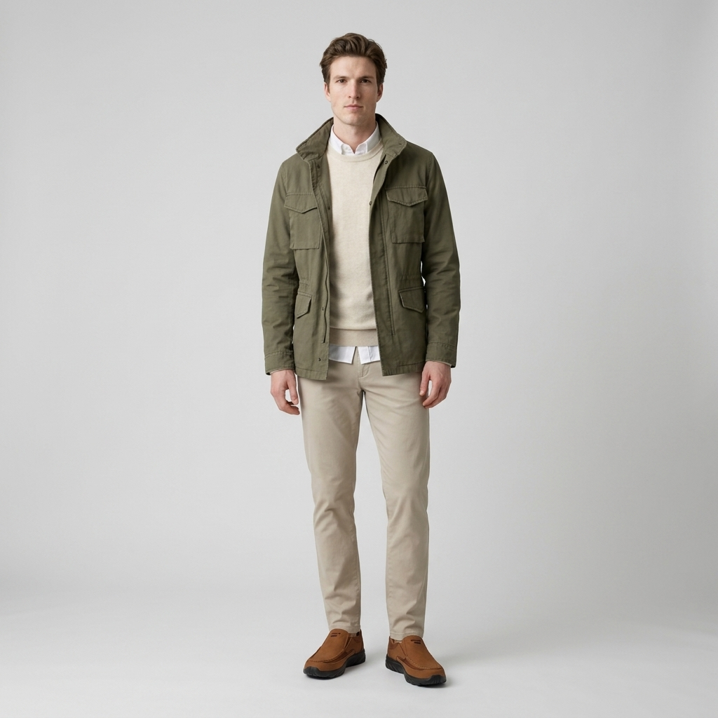Model wearing Men's Slip On Loafers in brown with chinos and a field jacket