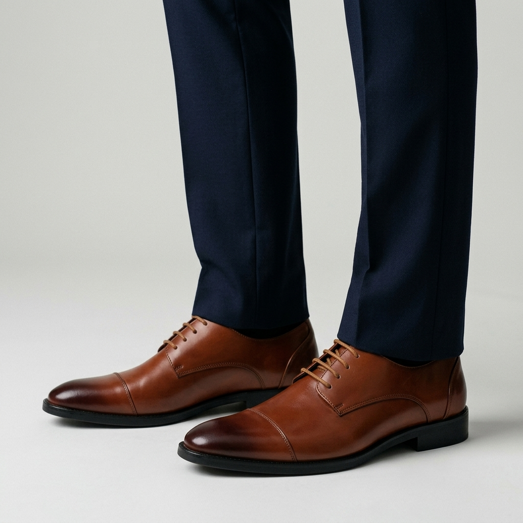Men's Cap Toe Derby Shoes in brown, close view on the model