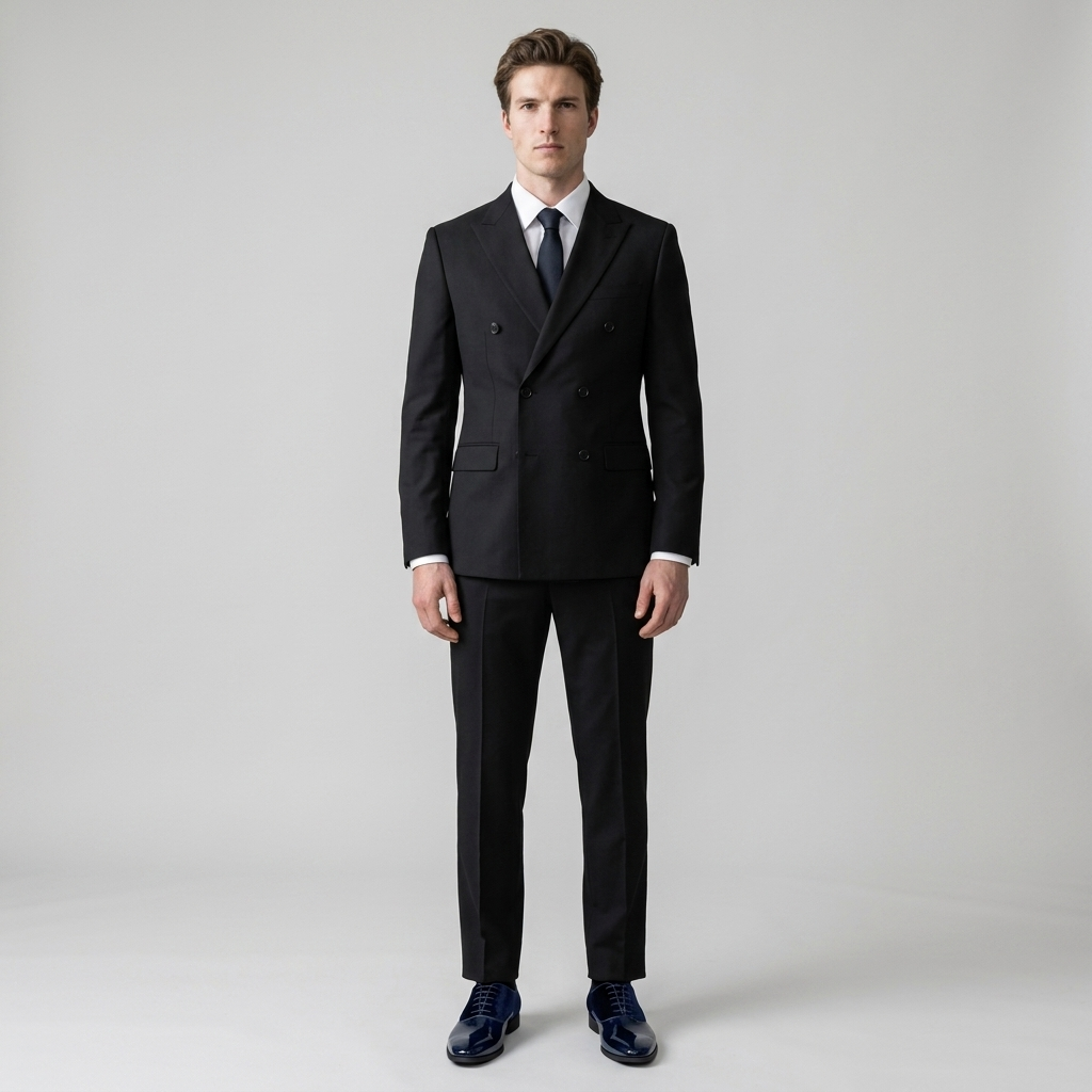 Model wearing Men's Patent Dress Shoes in blue with a black suit