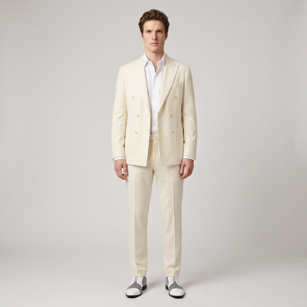 Model wearing Men's White Oxford Shoes with cream tailoring