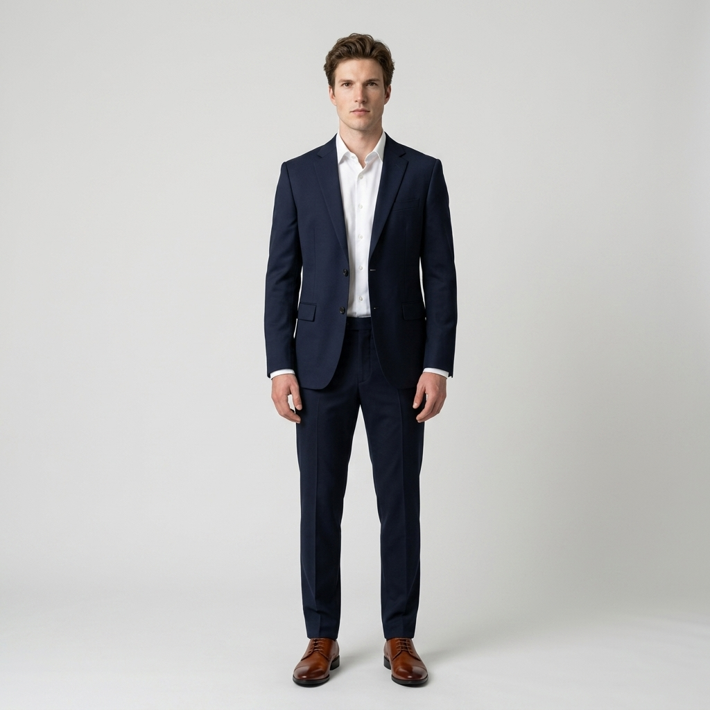 Model wearing Men's Cap Toe Derby Shoes in brown with a navy blazer and trousers