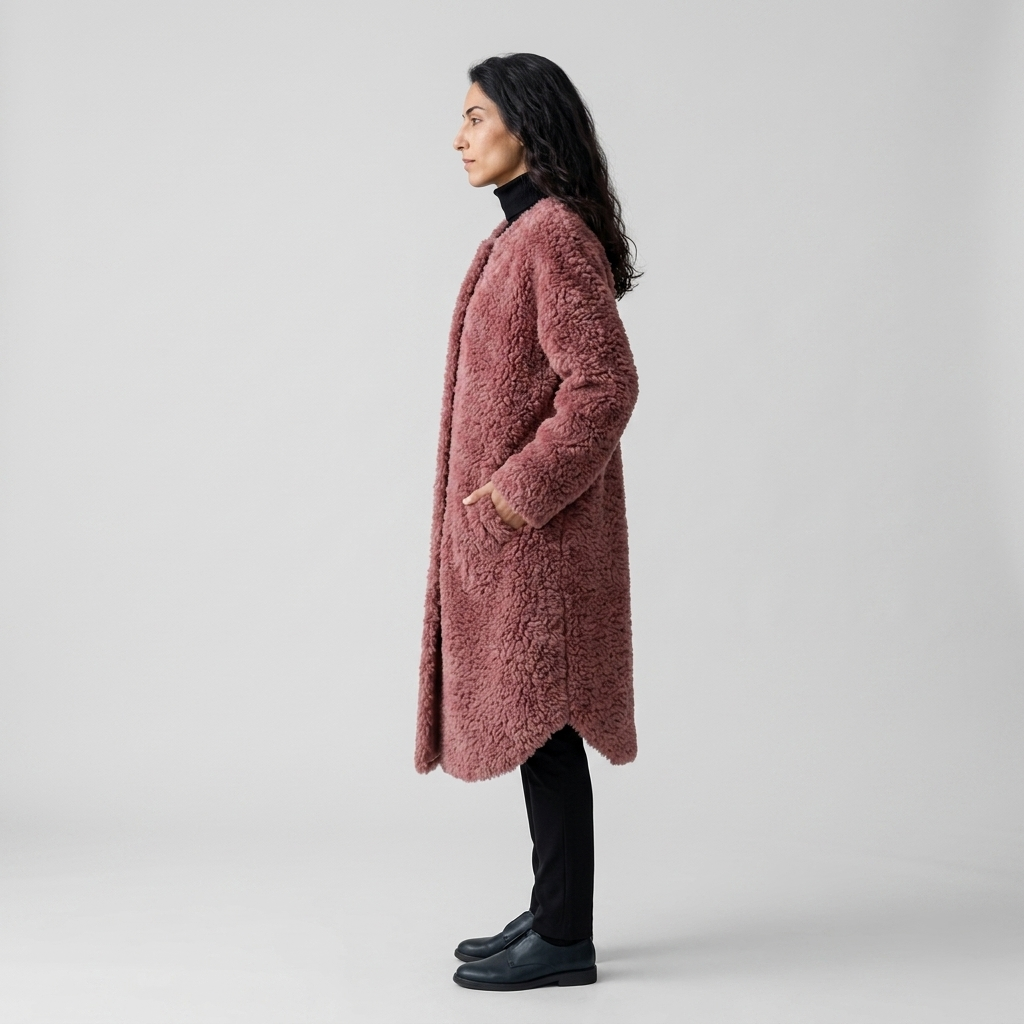Side profile of dusty rose faux shearling coat showing longline cut and deep pile
