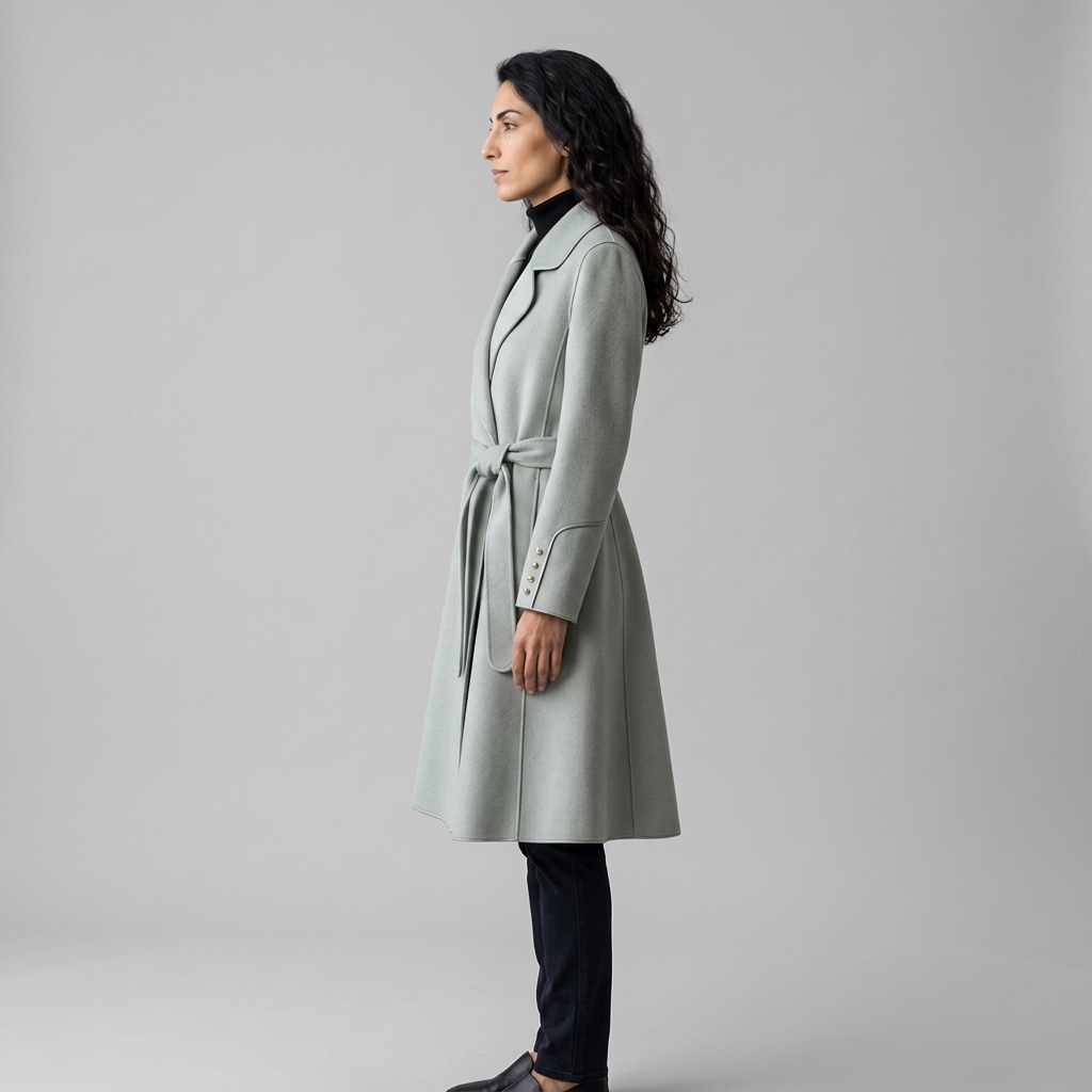 Side profile of pale sage wrap coat showing A-line flare and belted waist