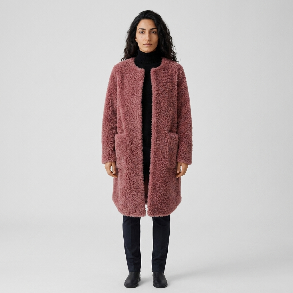 Model wearing dusty rose teddy coat, front view, collarless with open front