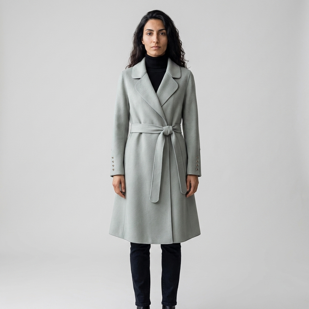 Model wearing pale sage belted wrap coat, front view, notched lapel and tie waist