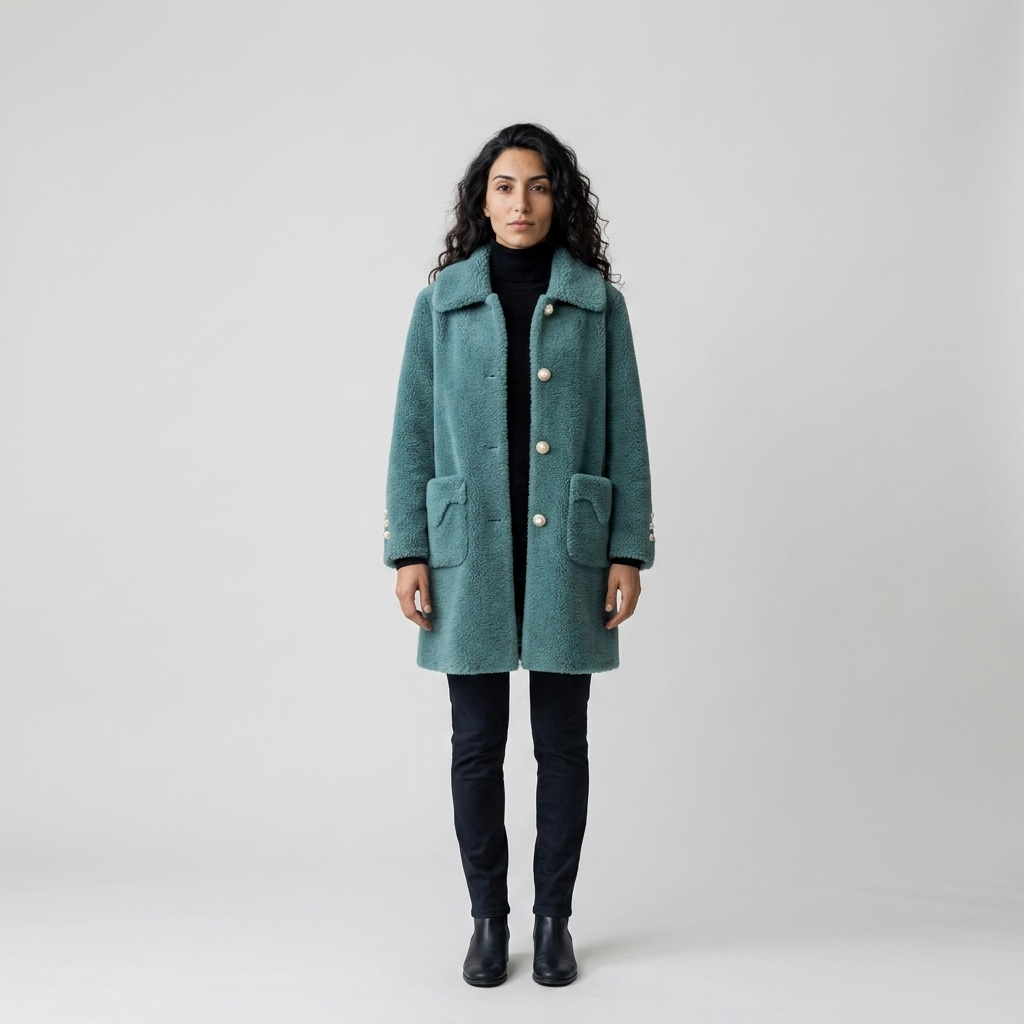 Model wearing teal teddy coat, front view, pointed collar and pearl buttons
