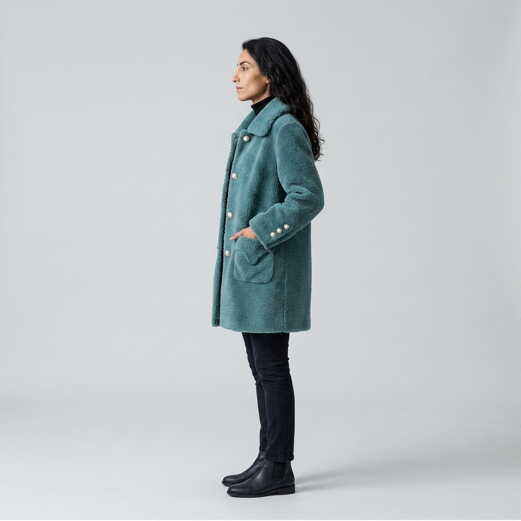 Side profile of teal faux shearling coat showing hip length and flap pockets