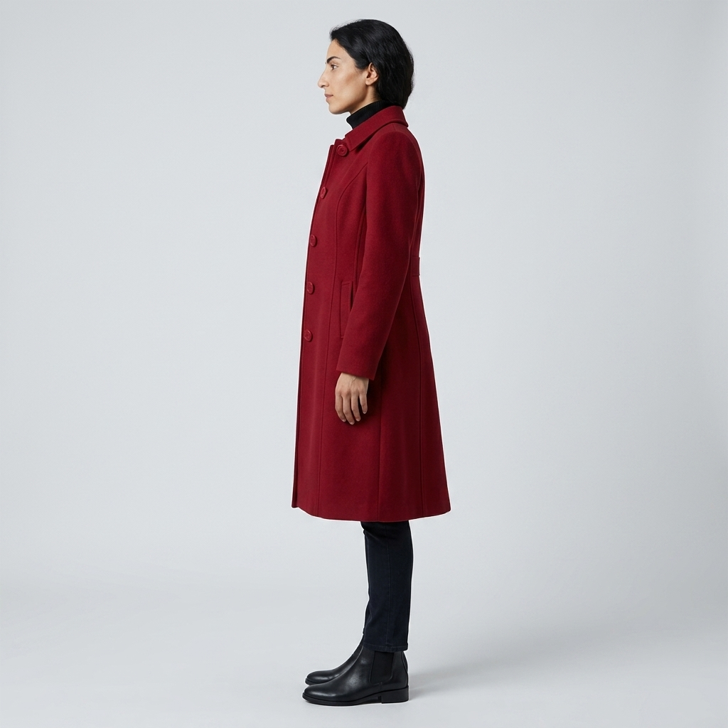 Side profile of deep red wool-look overcoat showing princess seams and gentle flare