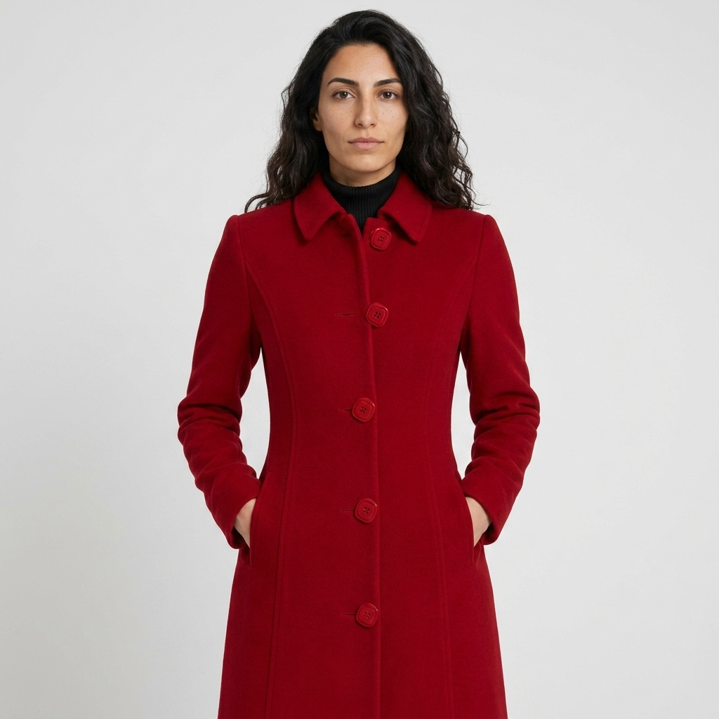 Model wearing deep red longline overcoat, front view, square buttons and fitted waist