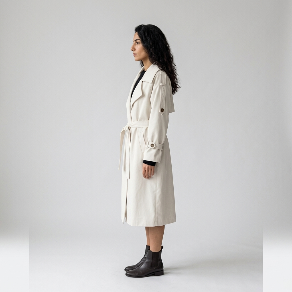 Side profile of cream trench coat showing mid calf length and belted waist