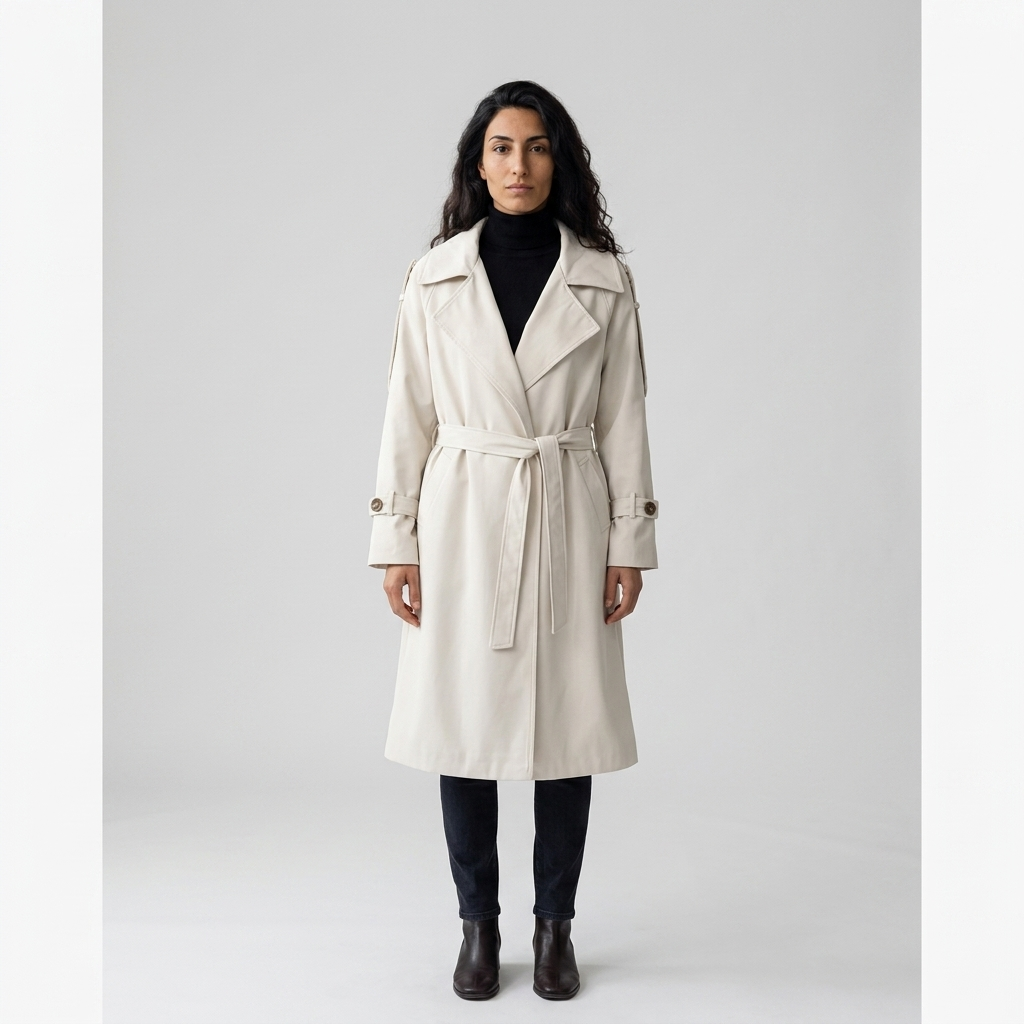 Model wearing cream belted trench coat, front view, wide lapels and tie waist