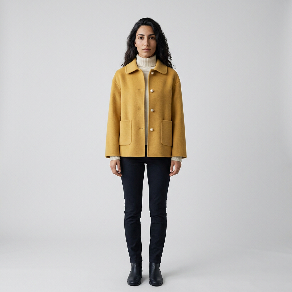 Model wearing mustard yellow short jacket, front view, rounded collar and pearl buttons