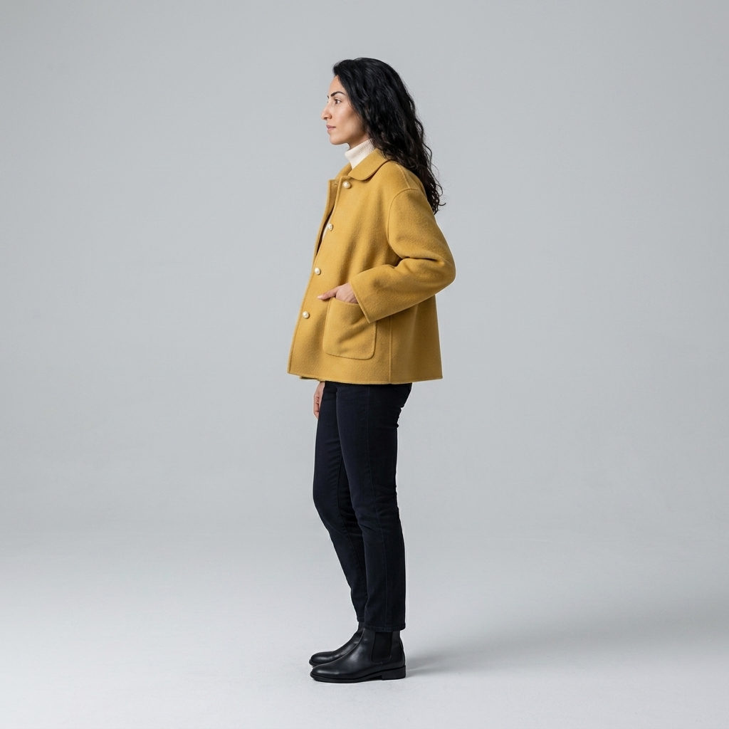 Side profile of mustard yellow hip length jacket with patch pockets