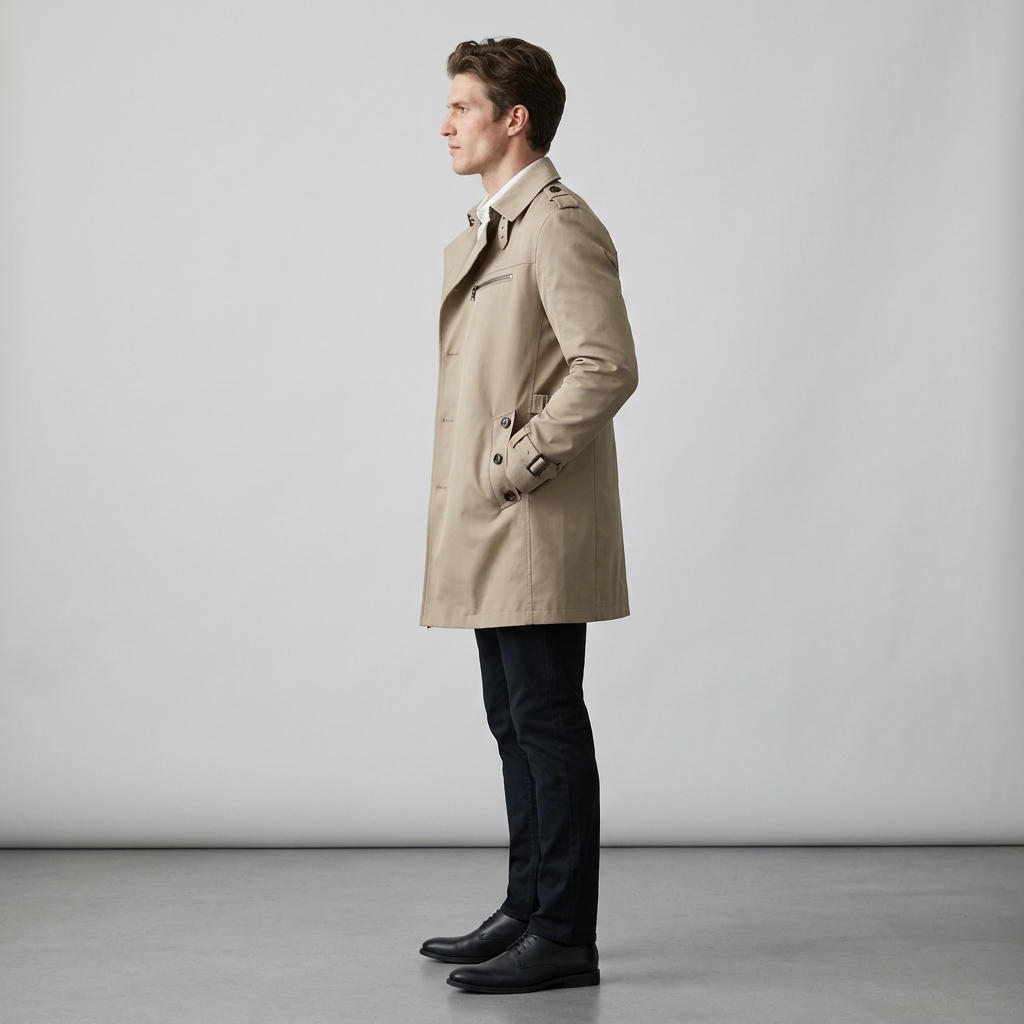 Side profile of beige mens trench coat showing mid thigh length and cuff straps