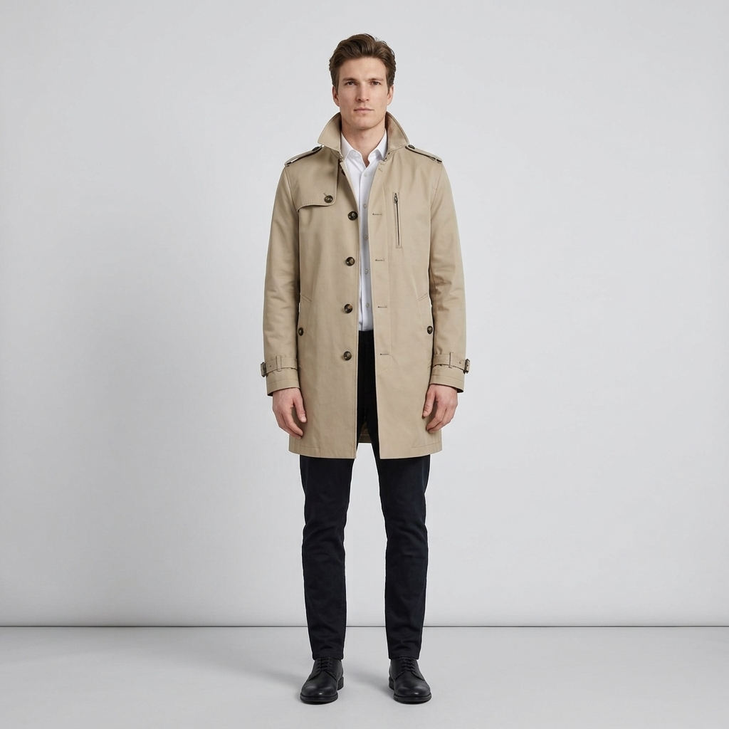 Model wearing beige stone trench coat, front view, stand collar and epaulettes