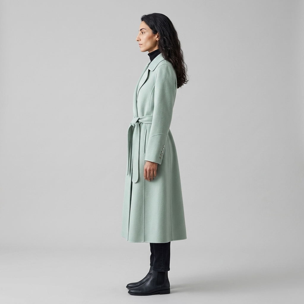 Side profile of mint green wrap coat showing mid calf length and full flare
