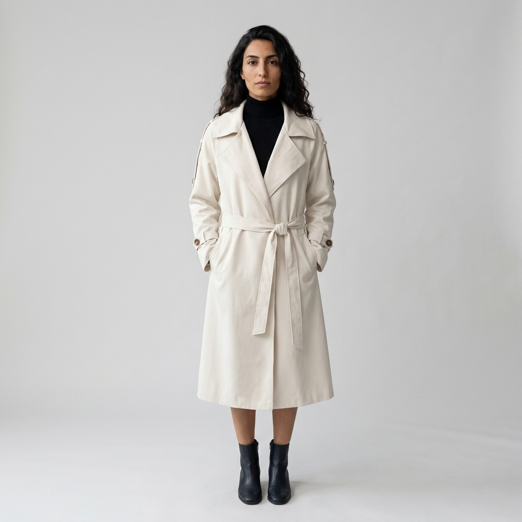 Model wearing cream ivory belted trench coat, front view, wide lapels and tie belt