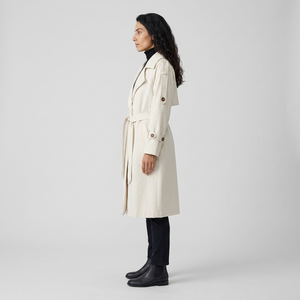 Side profile of cream trench coat showing below knee length and epaulettes