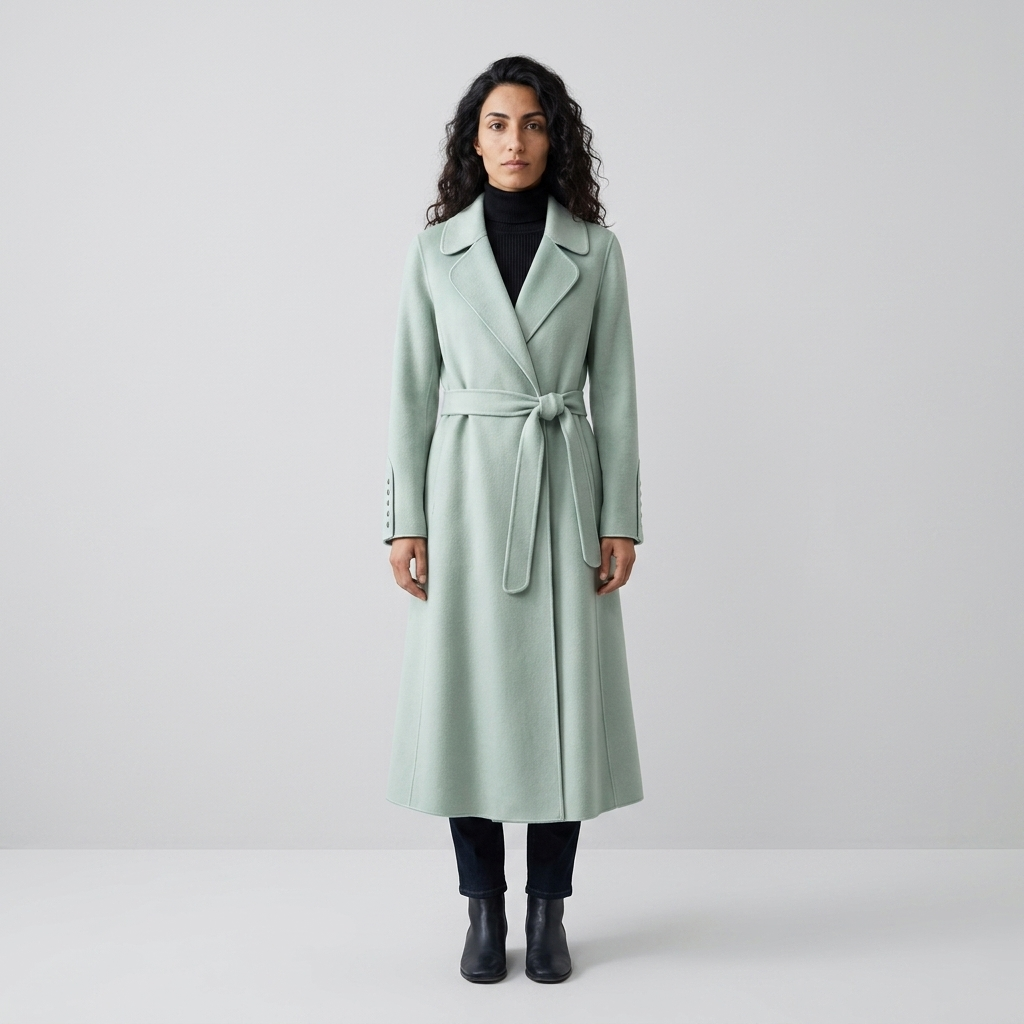Model wearing pale mint green long wrap coat, front view, notched lapel and tie belt