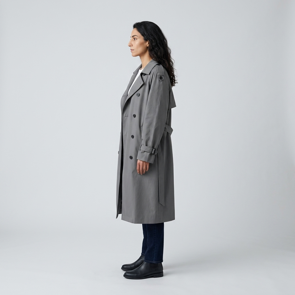 Side profile of grey oversized trench coat showing below knee length and cuff straps