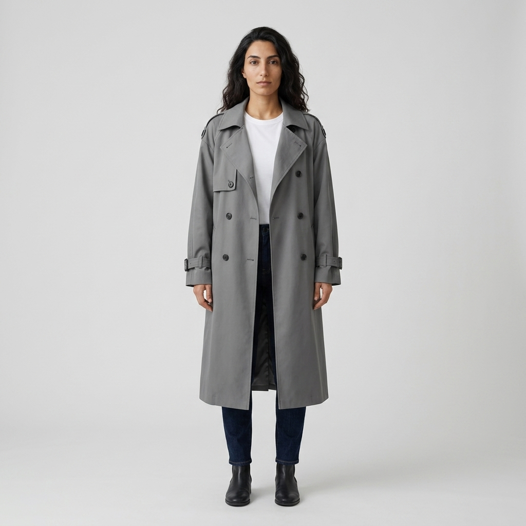 Model wearing grey oversized double breasted trench coat, front view with gun flap