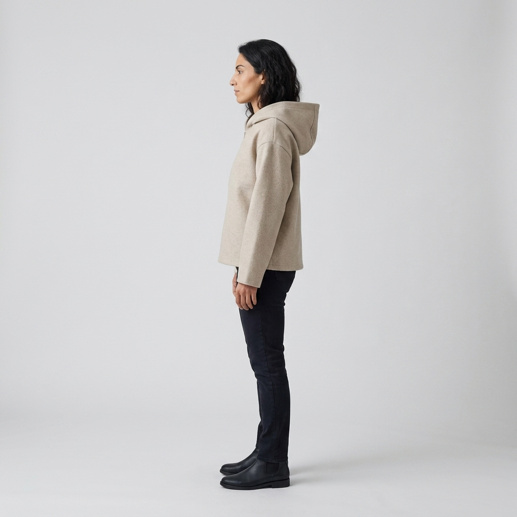 Side profile of oatmeal hooded zip jacket showing drop shoulder and boxy cut