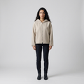 Model wearing oatmeal hooded zip jacket, front view, boxy hip length fit