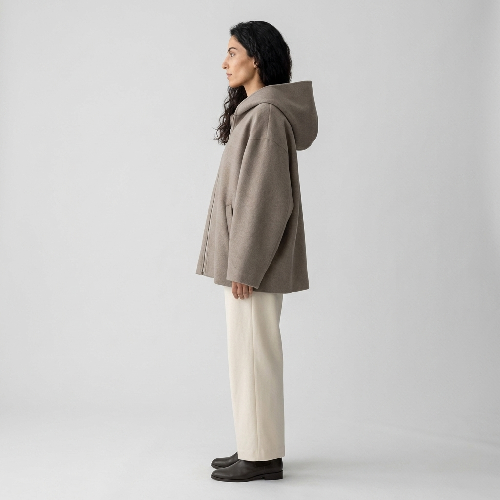 Side profile of taupe oversized hooded jacket showing large hood and wide sleeve