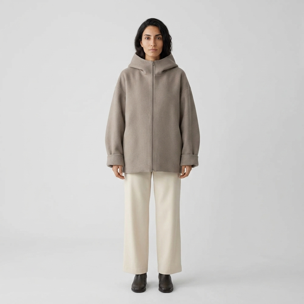 Model wearing taupe oversized hooded zip jacket, front view, dropped shoulder