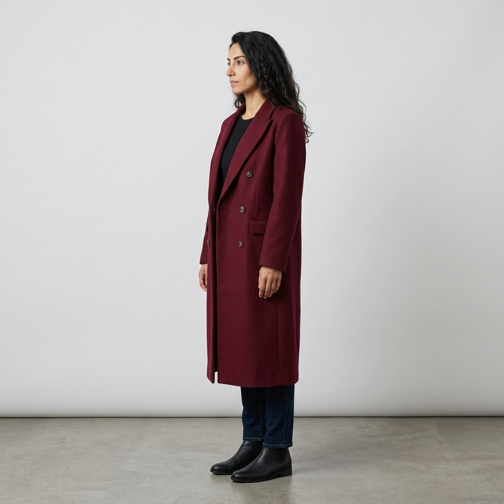 Side profile of burgundy wool look coat showing below knee length and relaxed fit