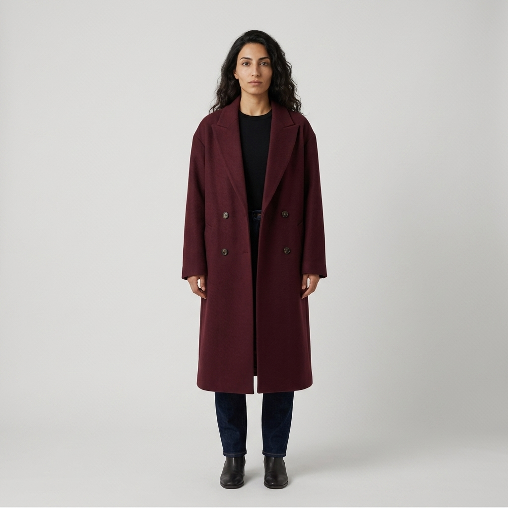 Model wearing burgundy double breasted long coat, front view with peak lapels