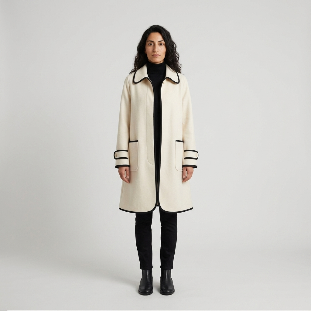 Model wearing cream coat with black contrast binding, front view, A-line swing cut