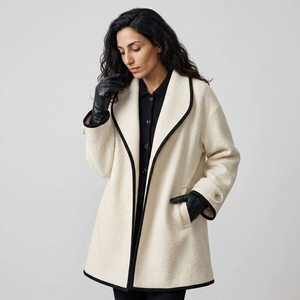 Side profile of cream coat with black trim showing swing hem and cuff tabs