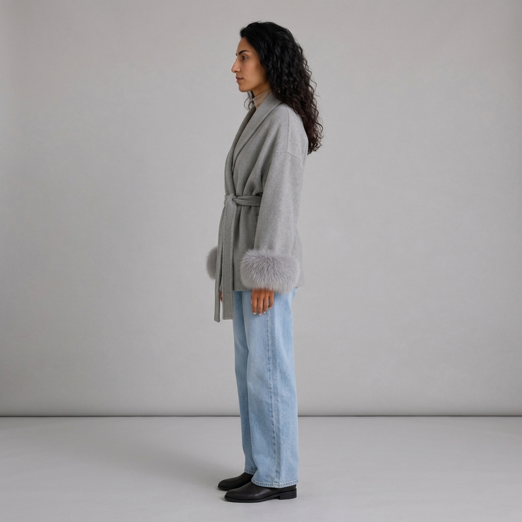 Side profile of grey wrap jacket showing faux fur cuff band and tie belt