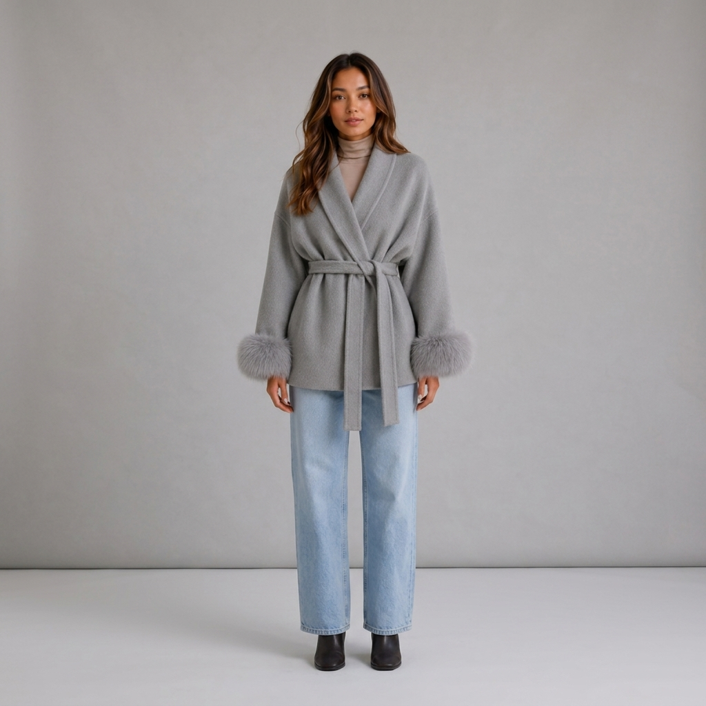 Model wearing grey belted wrap jacket with faux fur cuffs, front view shawl collar