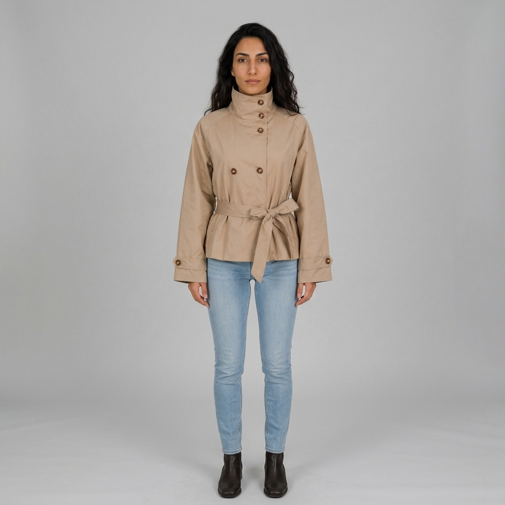 Model wearing stone beige cropped trench jacket, front view, funnel collar and belt