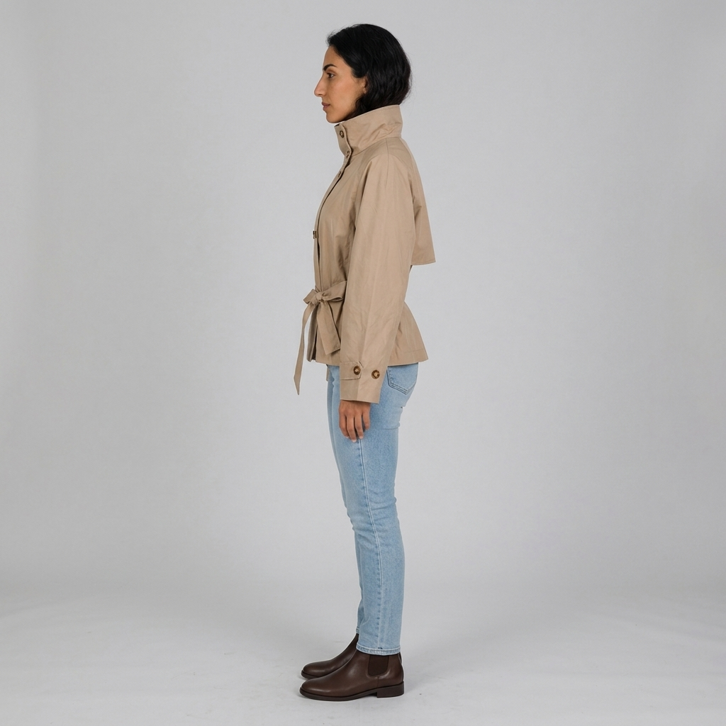 Side profile of stone beige cropped trench jacket showing hip length and cuff tabs