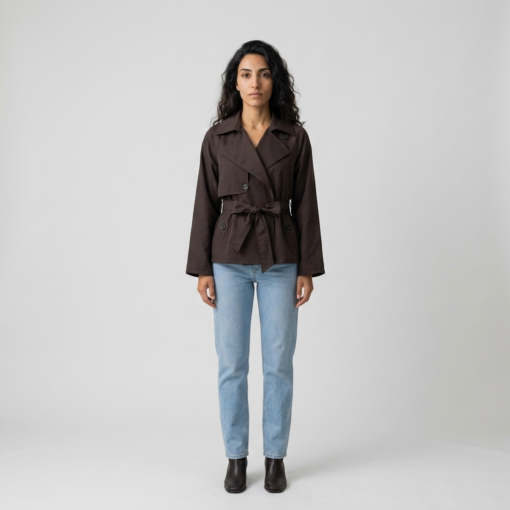 Model wearing chocolate brown cropped trench jacket, front view, tie waist and wide lapels