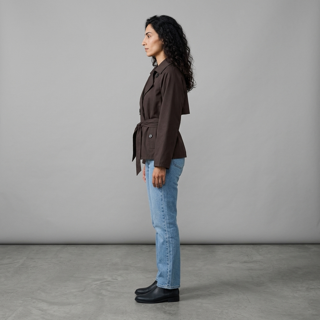 Side profile of brown cropped trench jacket showing hip length and flap pockets