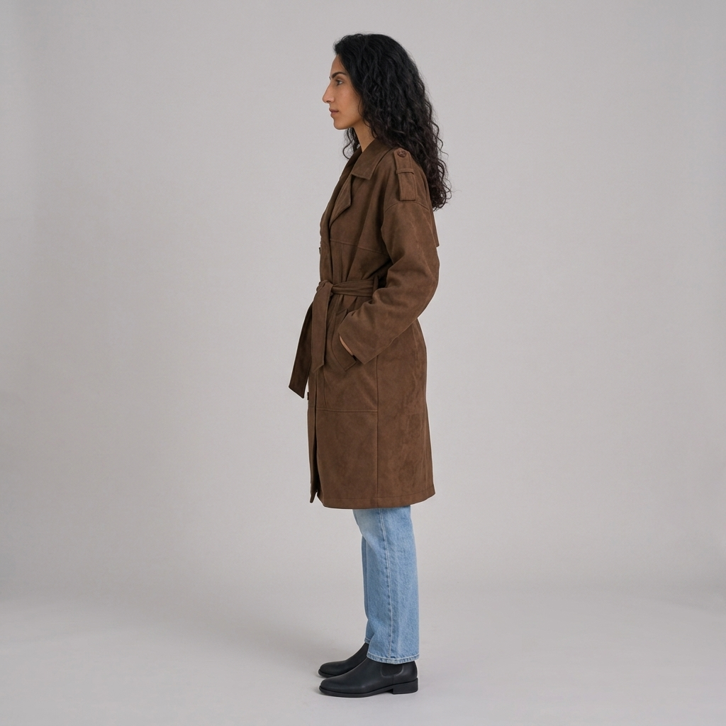 Side profile of brown faux suede trench coat showing below knee length and belt