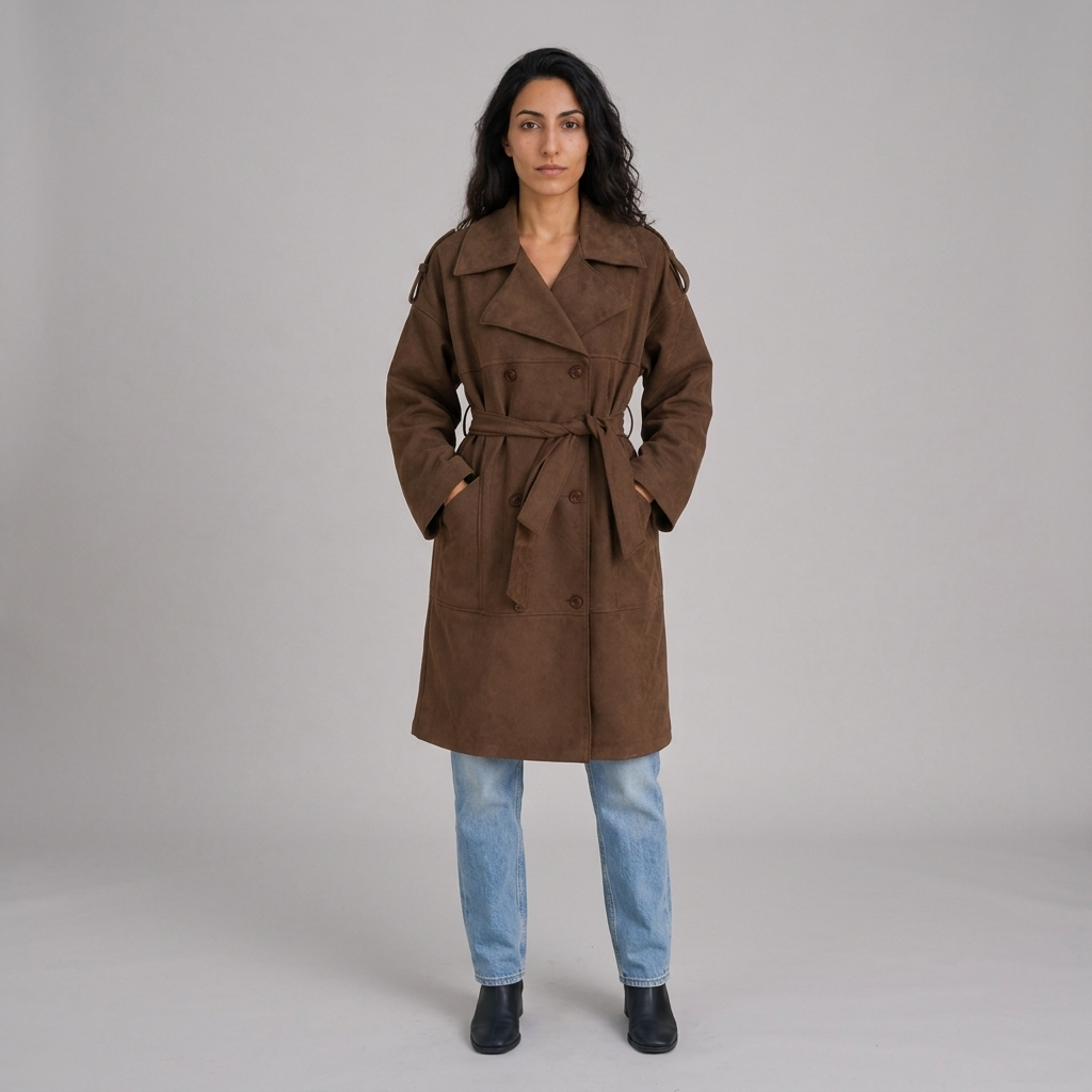 Model wearing brown faux suede belted trench coat, front view, double breasted
