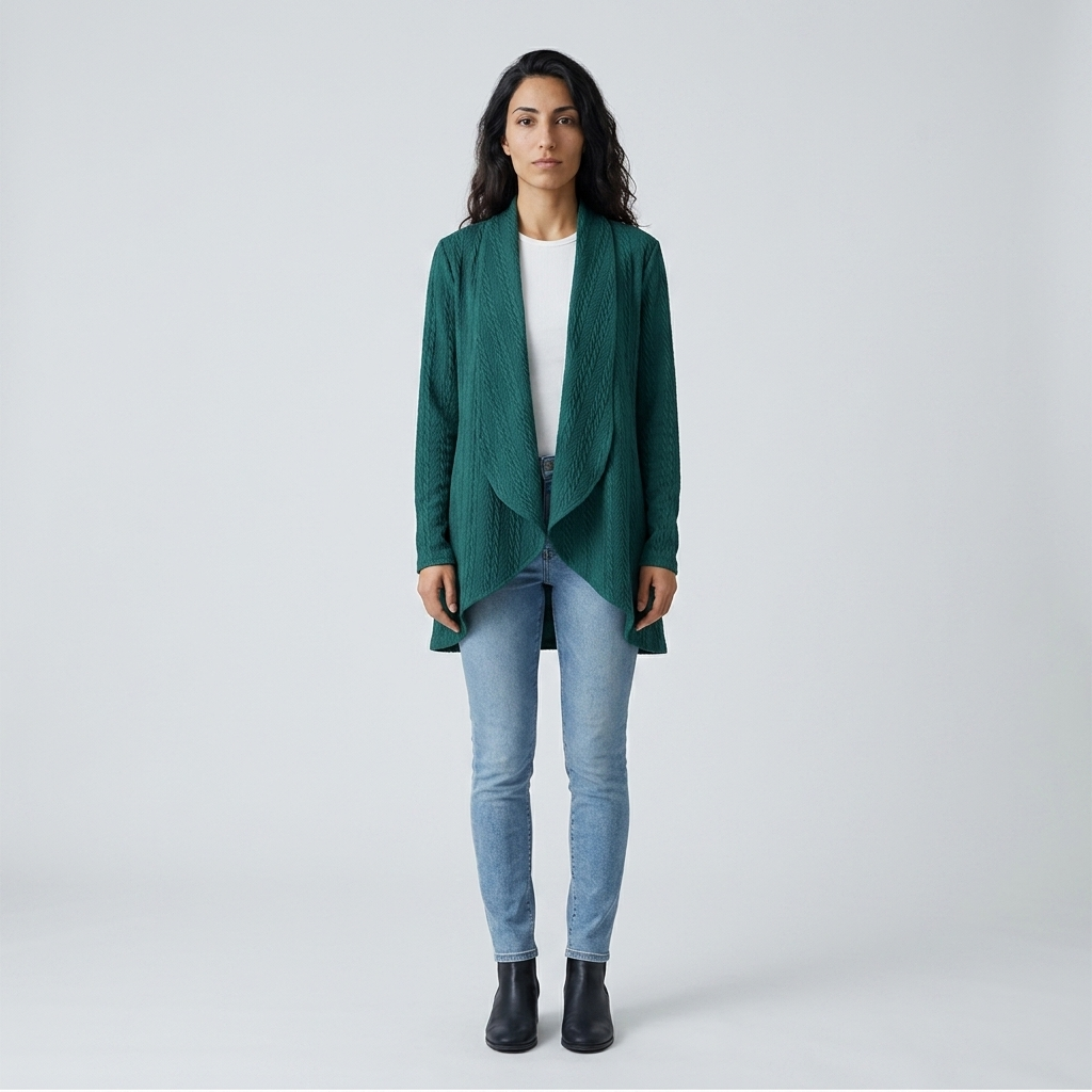 Model wearing teal green waterfall cardigan, front view, open draped front