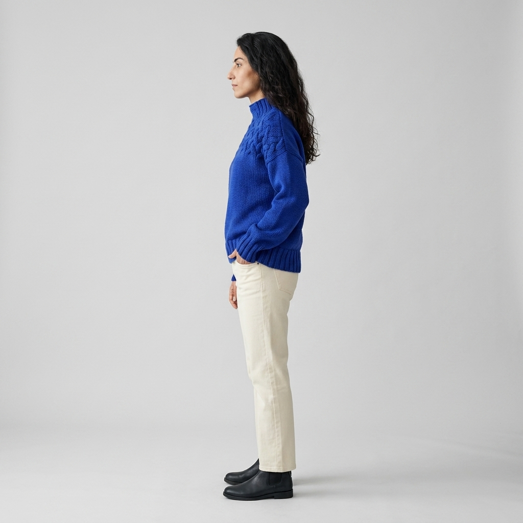 Side profile of cobalt blue chunky knit jumper showing dropped shoulder and ribbed cuffs