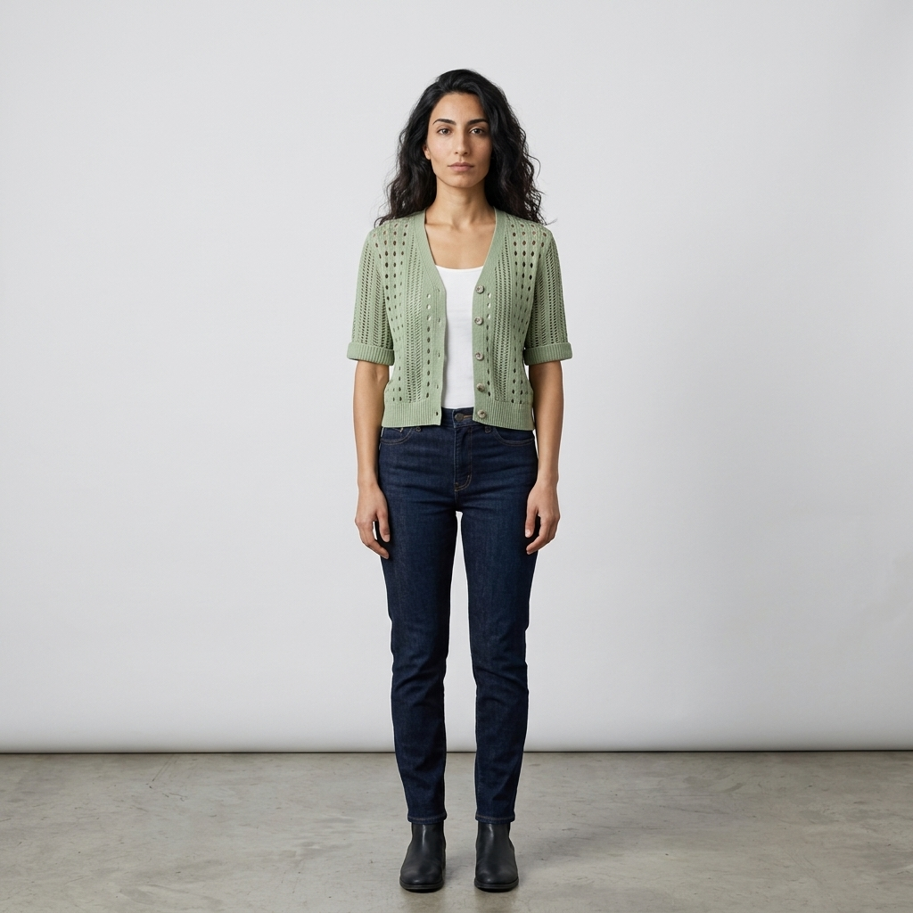Model wearing sage green pointelle cardigan, front view, short sleeves and V neck